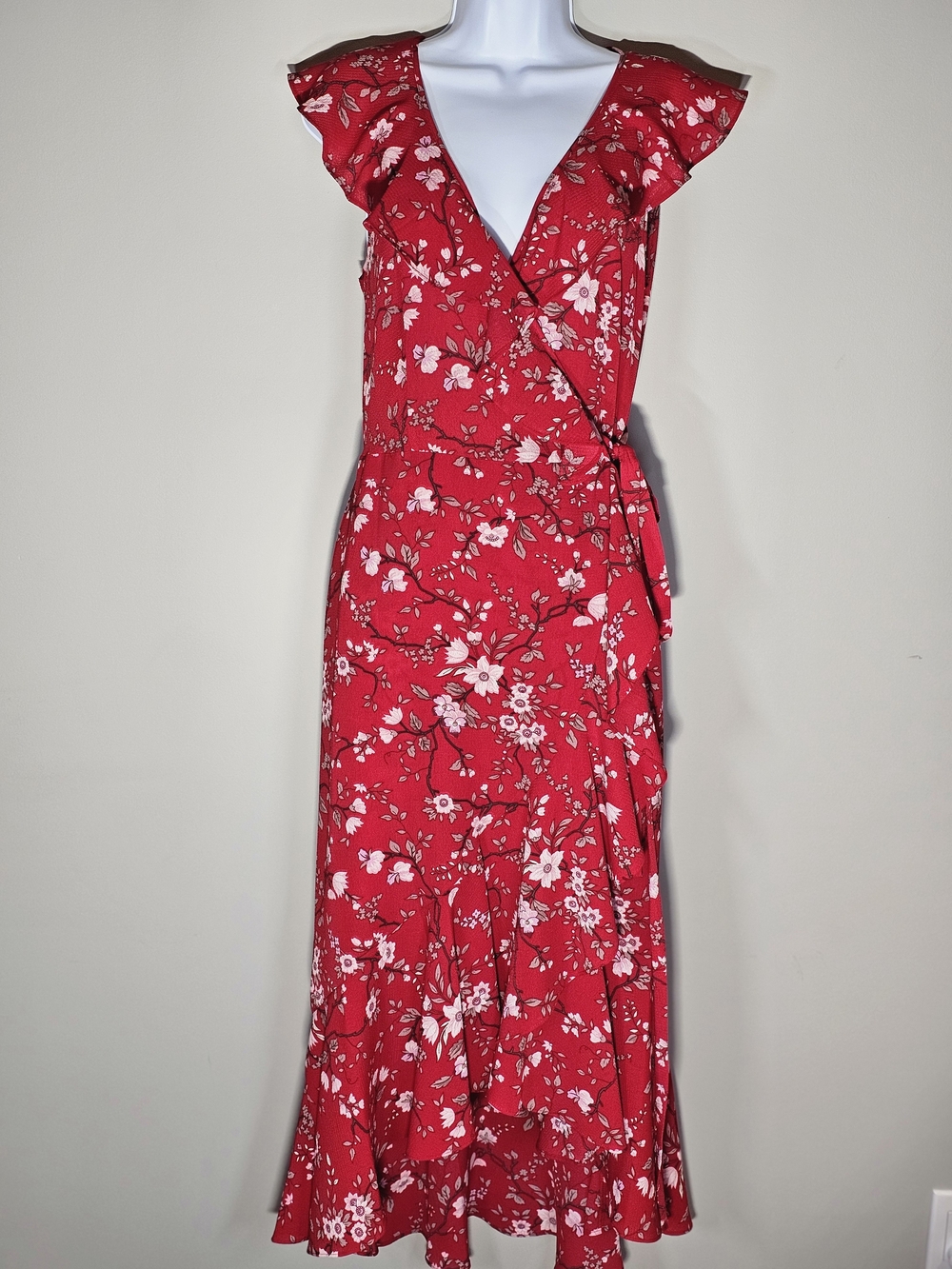 Max Studio Red Floral Wrap Midi Dress with Ruffle Cap Sleeves
